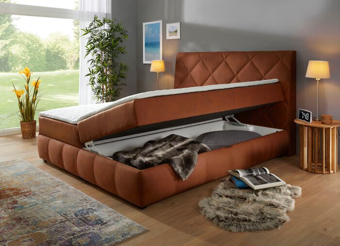 Boxspringbett mit Bettkasten und Topper COGNAC