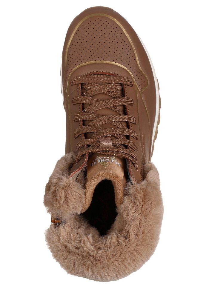 SKECHERS, gef&uuml;tterte Damen-Boots, Winterschuhe, mit flauschigem Pl&uuml;schkragen BRAUN