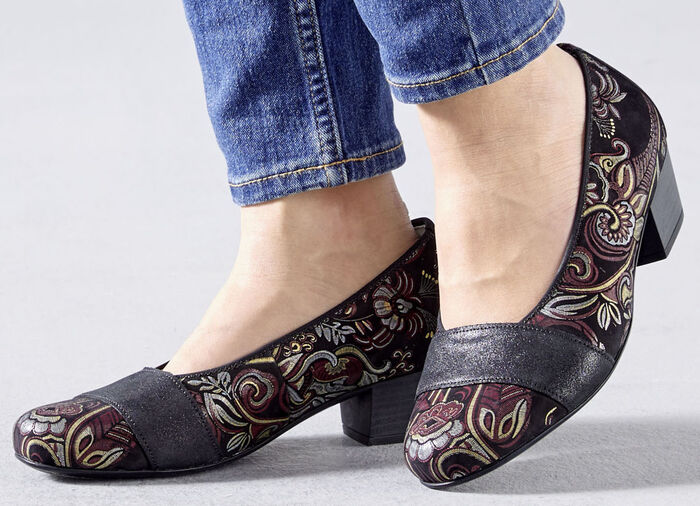 Waldläufer, bequeme Damen-Pumps, Weite K, mit herausnehmbarem Fussbett SCHWARZ-BUNT