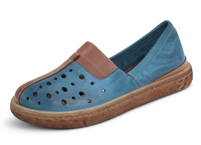 Luftig durchbrochener Slipper in 2 Farben mit herausnehmbarem Fussbett, Weite G JEANS-COGNAC