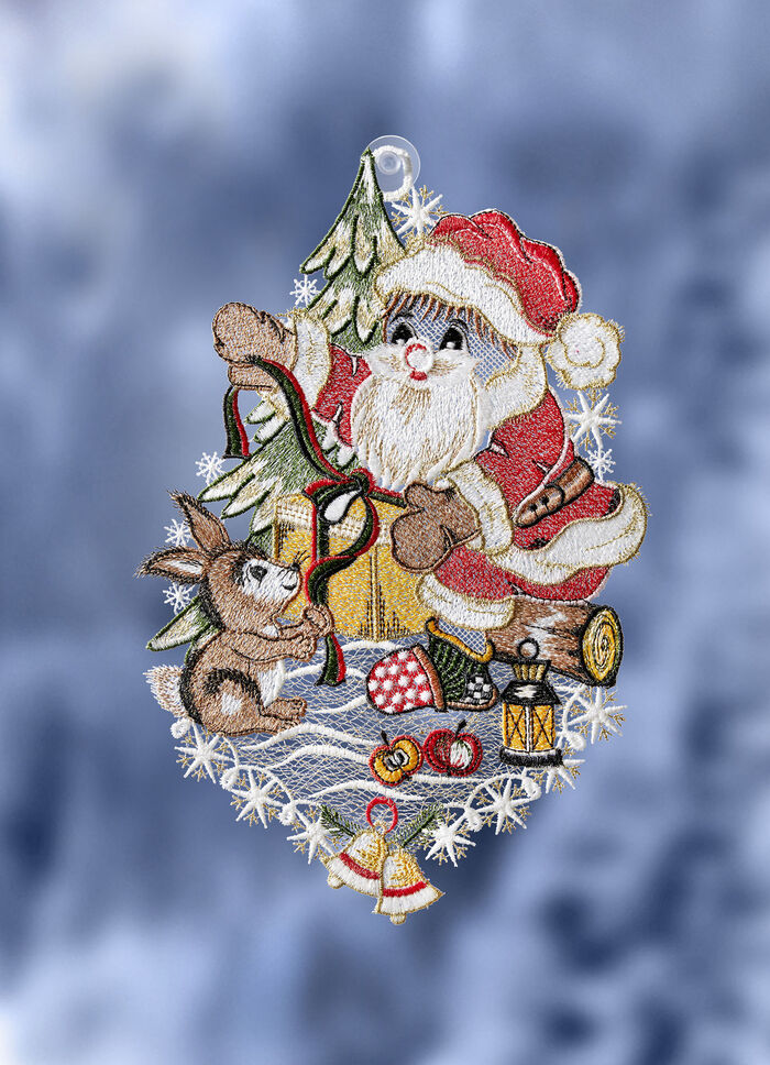 Fensterbild Weihnachtsmann mit Hase 