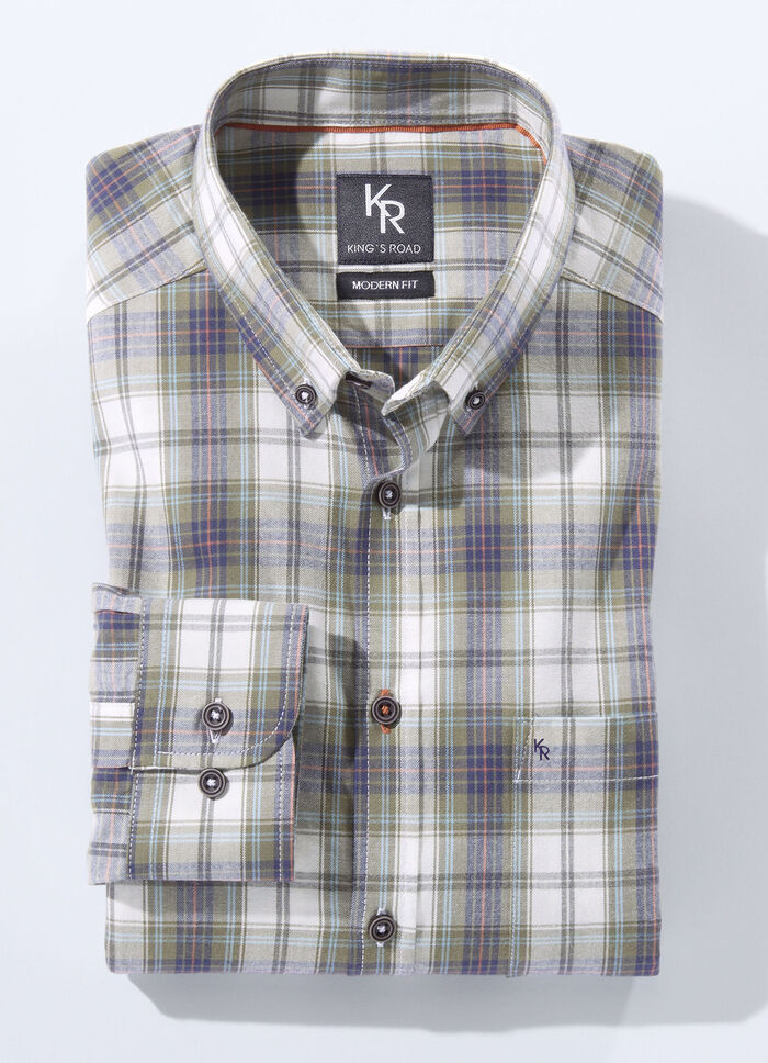 Hemd von «King's Road» mit Button-Down-Kragen in 3 Farben GRÜN-ECRU KARIERT