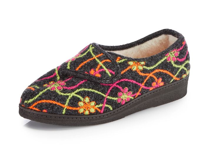 Klett-Hausschuh mit bunter Bl&uuml;ten-Stickerei ANTHRAZIT-BUNT