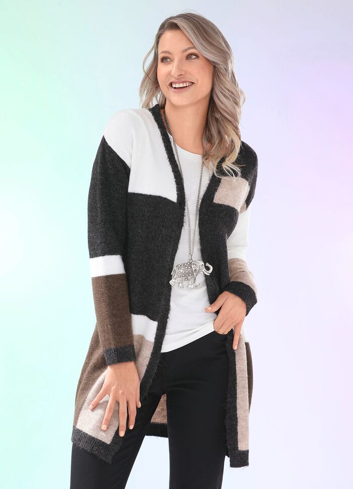 Long-Strickjacke in flauschig weicher Qualit&auml;t ANTHRAZIT-ECRU-BRAUN