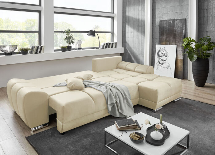 Polsterecke mit Bettfunktion und Bettkasten CREME