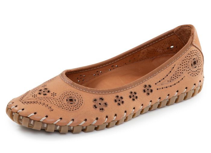 ELENA EDEN, sommerliche Damen-Ballerinas, Weite G, mit herausnehmbarem Fussbett COGNAC