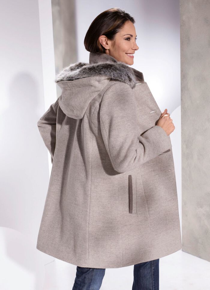 Kurzmantel mit abnehmbarem Kunstpelz-Besatz an der abnehmbaren Kapuze 