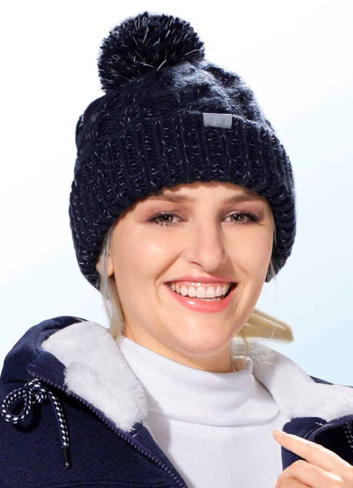 Bommel-M&uuml;tze mit Zopfmuster MARINE