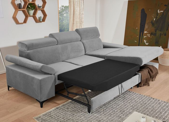 Polsterecke mit Bettfunktion, verstellbaren Kopfst&uuml;tzen und Armlehnen GRAU