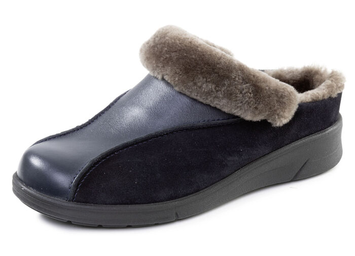 ELENA EDEN, warme Damen-Hausschuhe, Weite H, mit Lammfell MARINE
