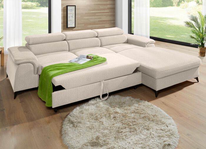 Polsterecke mit Bettfunktion und verstellbaren Kopfst&uuml;tzen CREME