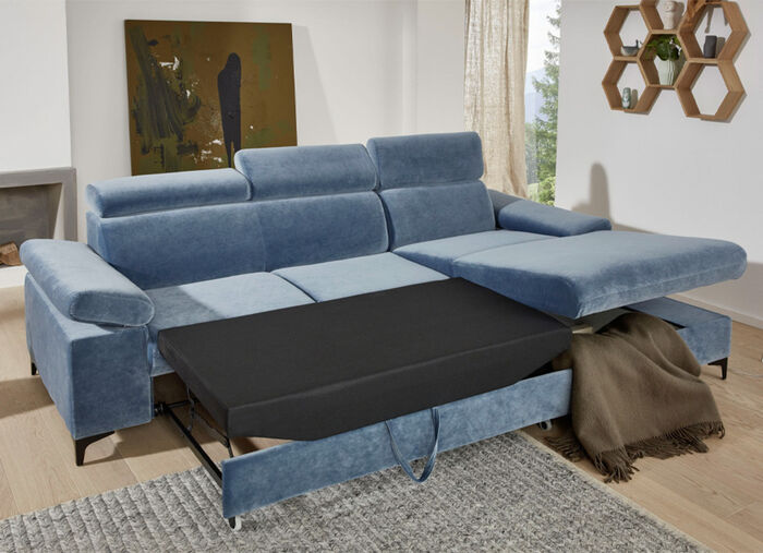 Polsterecke mit Bettfunktion, verstellbaren Kopfstützen und Armlehnen BLAU