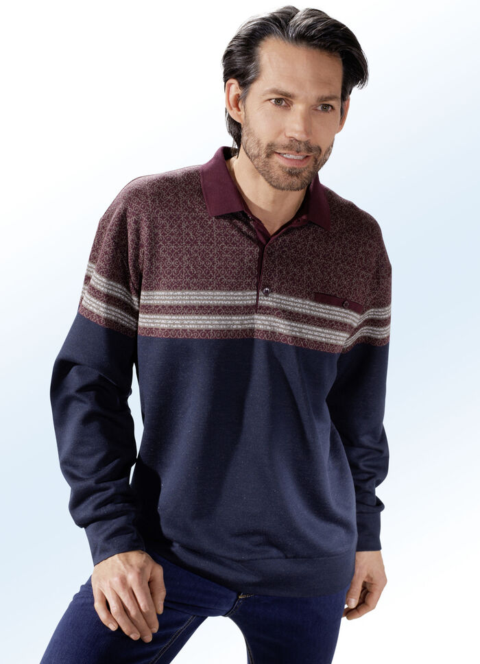Poloshirt im Muster-Mix in 2 Farben MARINE-BORDEAUX-CAMEL