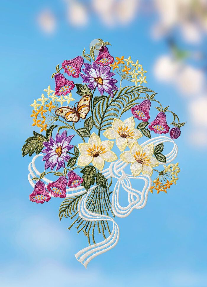 Fensterbild mit Blumenstrauss aus  Plauener Spitze 