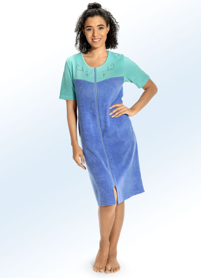 Hauskleid mit Schmucksteinzier HELLBLAU-MINT
