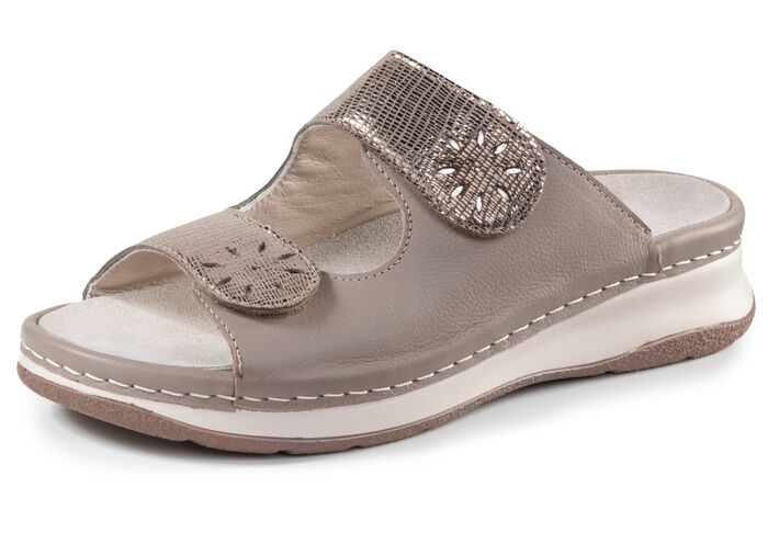 ELENA EDEN, bequeme Damen-Pantoletten, Weite H, mit herausnehmbarem Fussbett TAUPE-ANTIKBRONZE