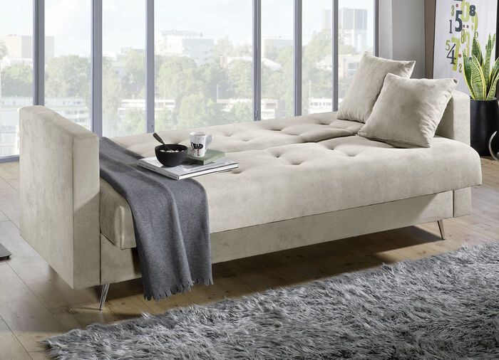 Schlafsofa auf Chromfüßen mit Bettkasten CREME