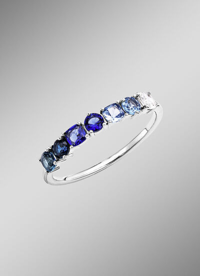 Damenring mit synth. Zirkonia in Wess und Blautönen 