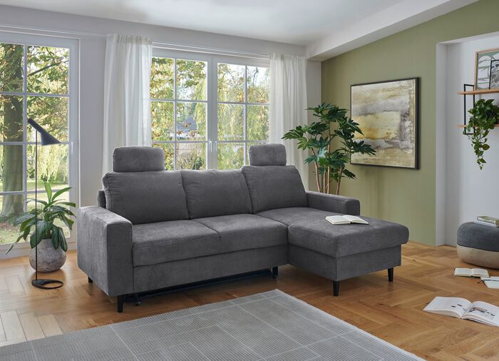 Polsterecke mit Bettfunktion und Longchair ANTHRAZIT