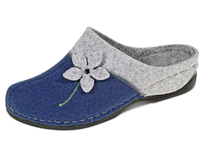 Laurina, klassische Damen-Hausschuhe, mit anatomisch geformtem Fussbett EISGRAU-BLAU