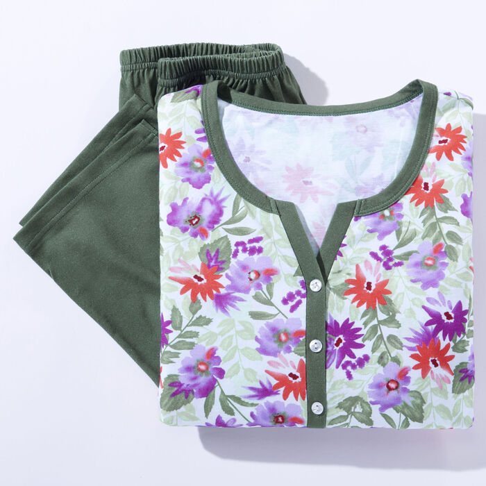 Pyjama mit Knopfleiste und 3/4-langen Ärmeln WEISS-OLIV-BUNT