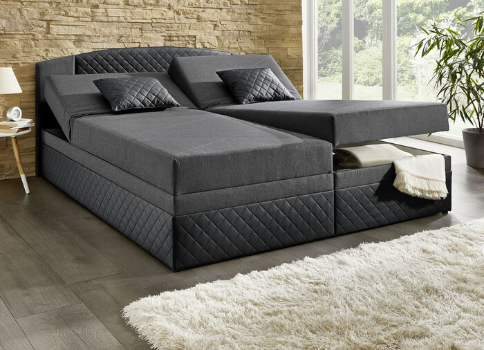 Boxspringbett mit Kopfteilverstellung und 2 Dekokissen SCHWARZ-ANTHRAZIT