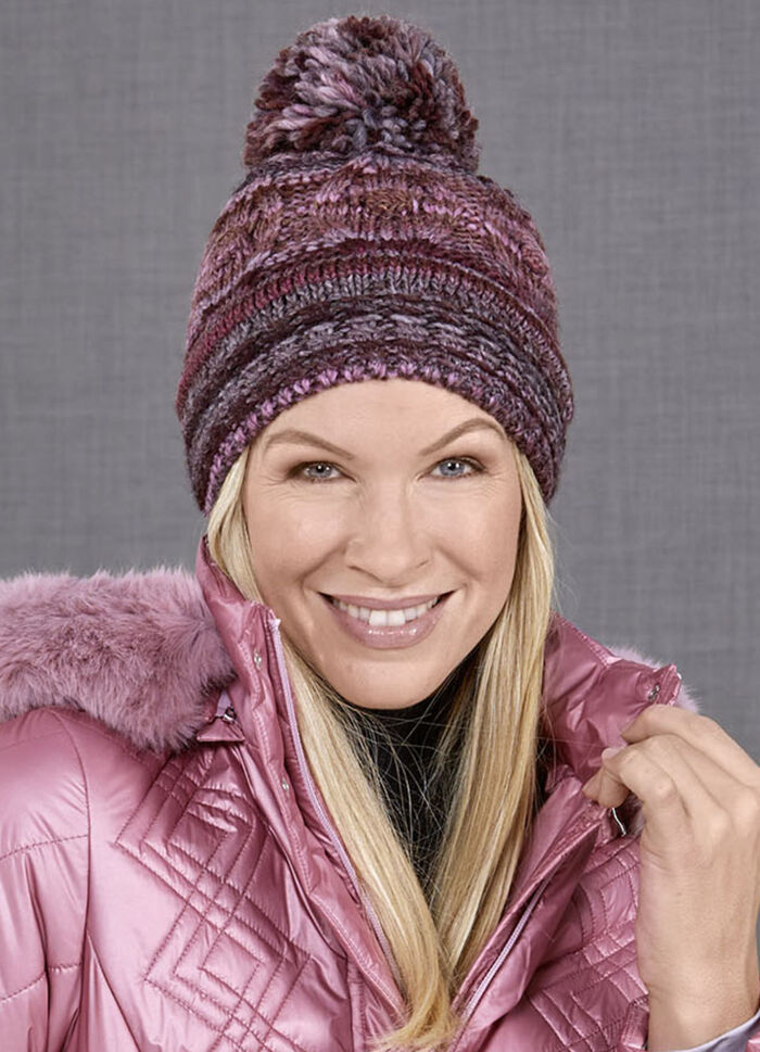 Grobstrick-Mütze mit Woll-Bommel BORDEAUX-ROSA