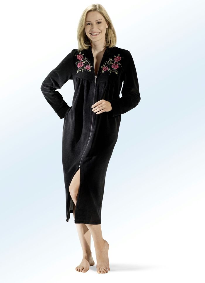 Hausmantel mit Stickerei- und Strasssteinzier SCHWARZ