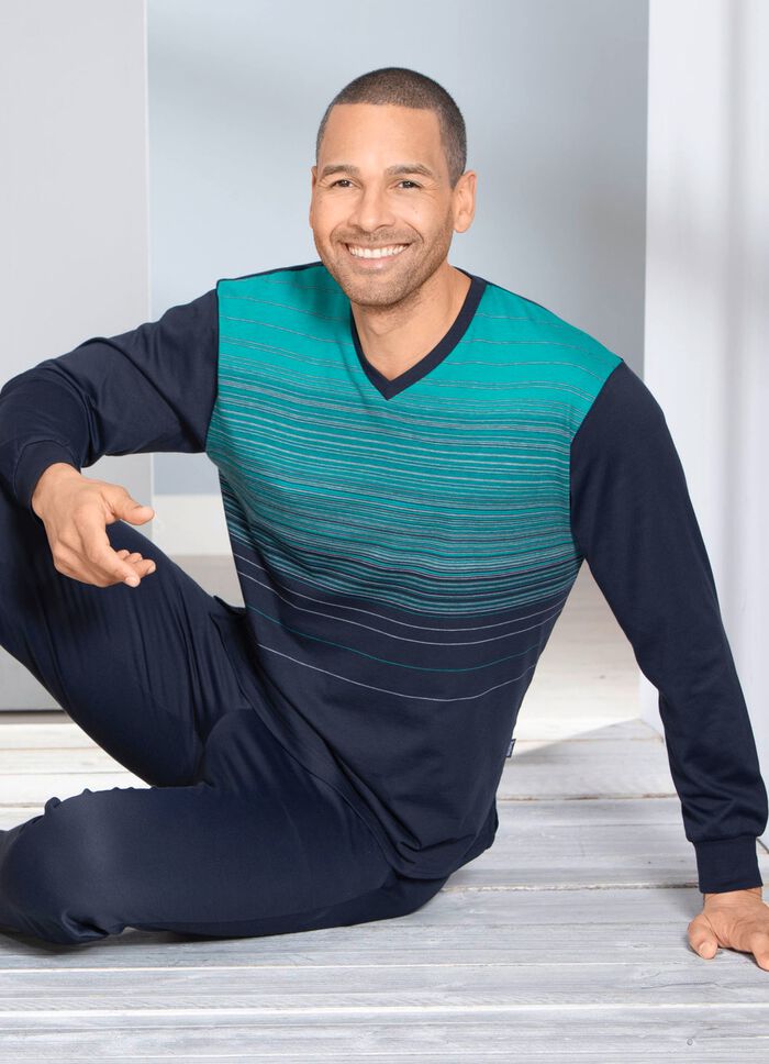  Hajo Klima Komfort Schlafanzug mit V-Ausschnitt und garngef&auml;rbtem Ringel 