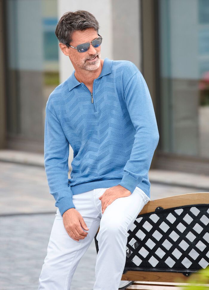 Klassischer Polopullover mit Strukturdessin MITTELBLAU MELIERT