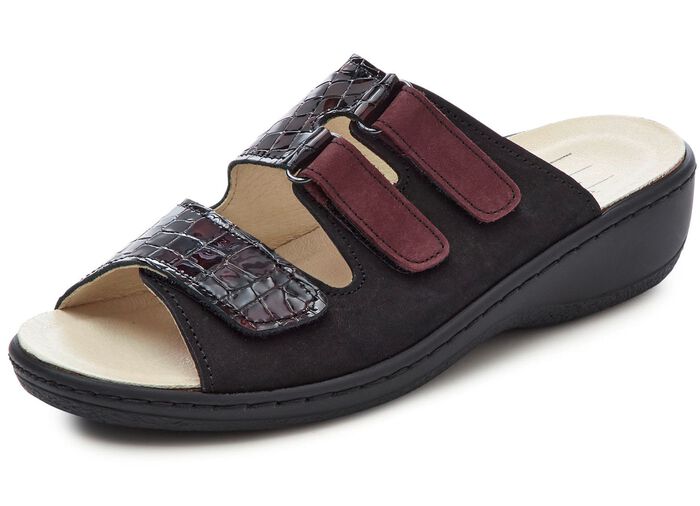 ELENA EDEN, bequeme Damen-Pantoletten, Weite H, mt herausnehmbarem Fussbett SCHWARZ-BORDEAUX