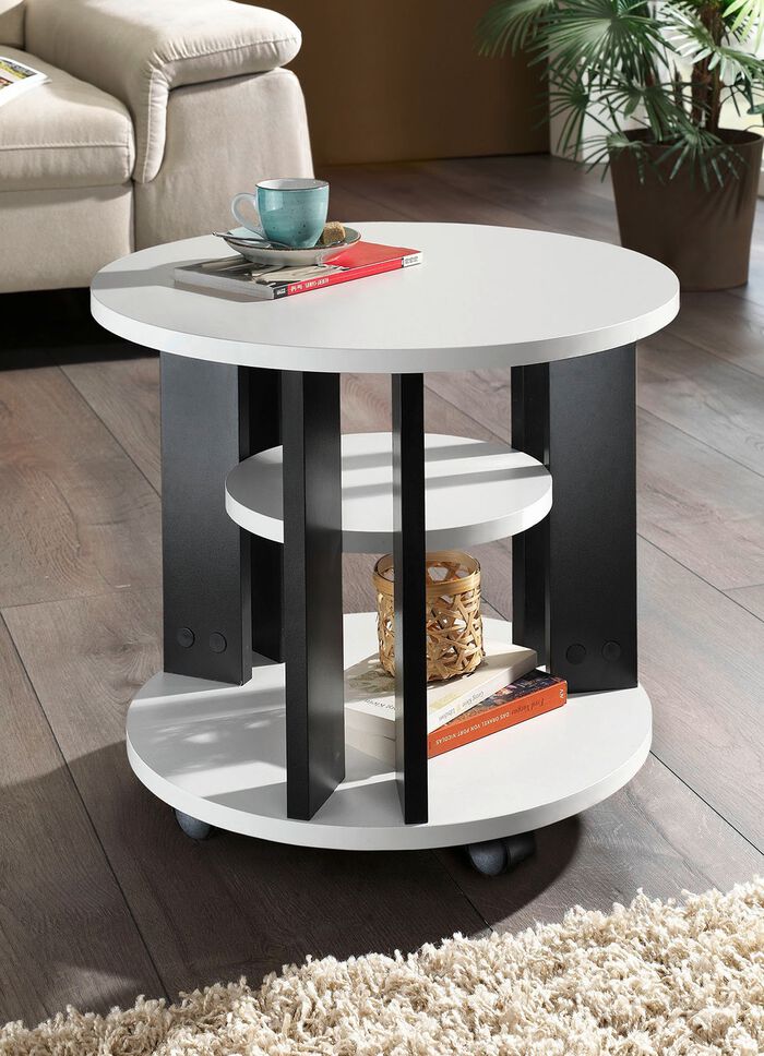 Couchtisch mit 2 Ablagefl&auml;chen und 4 Rollen WEISS-SCHWARZ