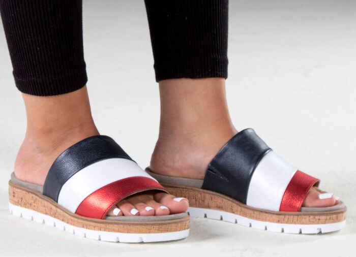 ELENA EDEN, bequeme Damen-Pantoletten, Weite G, mit herausnehmbarem Fussbett BLAU-WEISS-ROT