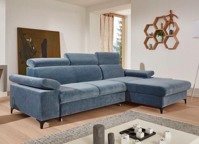 Polsterecke mit Bettfunktion, verstellbaren Kopfst&uuml;tzen und Armlehnen BLAU