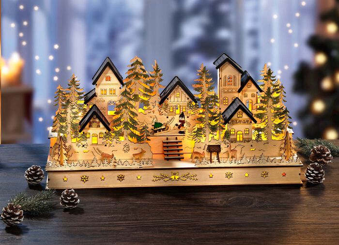 Beleuchtetes Winterdorf aus Holz 