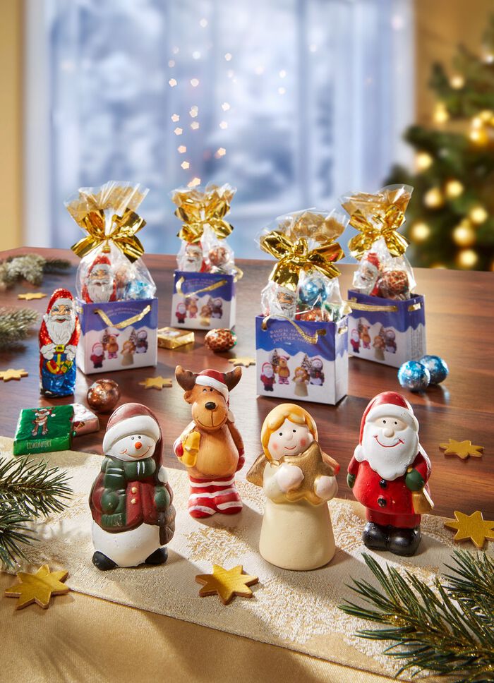 Lustiges Weihnachtst&uuml;tchen-Set mit Keramikfiguren 