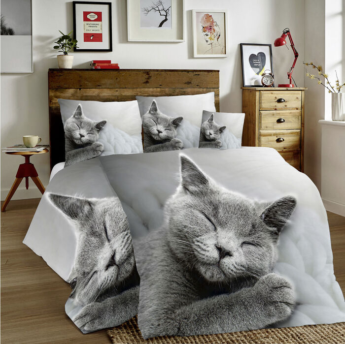 Bettwäsche-Garnitur mit Katzen-Motiv 