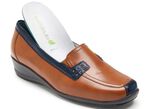 Waldl&auml;ufer, bequeme Damen-Slipper, Weite H, mit herausnehmbarem Fussbett COGNAC-BLAU