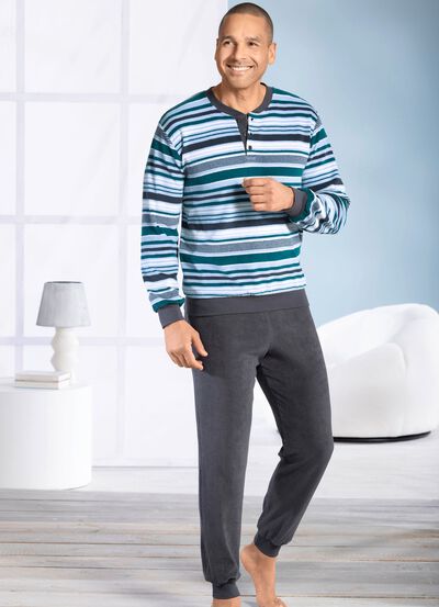 Pyjama aus Frottierstretch, mit Knopfleiste und B&uuml;ndchenabschl&uuml;ssen 