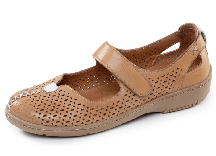 ELENA EDEN, sommerliche Damen-Slipper, Weite G, mit herausnehmbarem Fussbett COGNAC