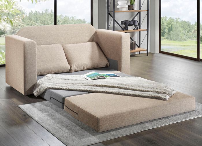 Schlafsofa mit 2 grossen, weichen R&uuml;ckenkissen BEIGE