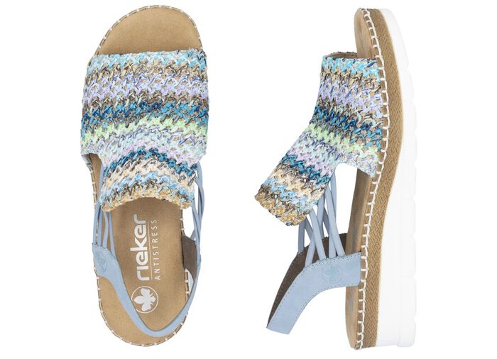 Rieker, sommerliche Damen-Sandalen, mit seitlichen Elastik-Bandagen HELLBLAU-BUNT