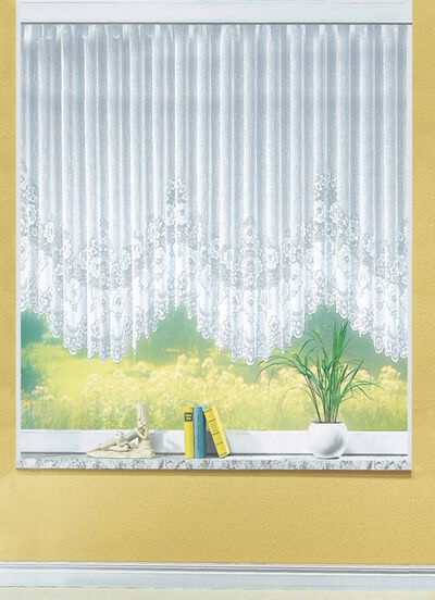 Blumenfenster-Vorhang, gleichm&auml;ssig gebogt, mit Faltenband 