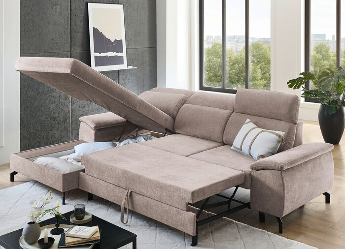 Polsterecke mit Bettfunktion und Bettkasten BEIGE