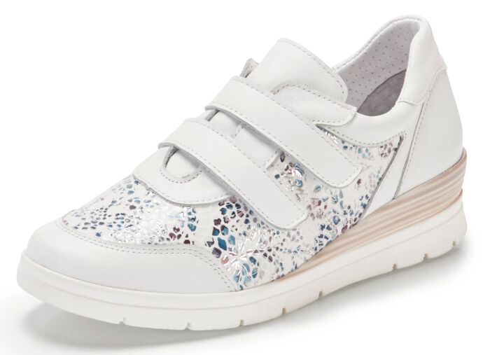 Sneaker aus gl&auml;nzend bedrucktem Elastikmaterial WEISS