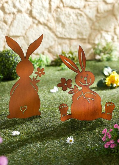 Gartenstecker Osterhasen aus gerostetem Stahl, 2er-Set 