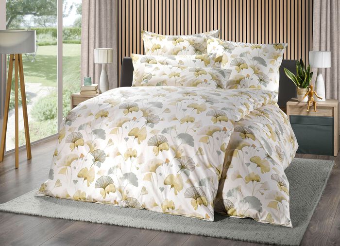 Bettwäsche-Garnitur mit Ginkgo-Blätter-Motiv BEIGE