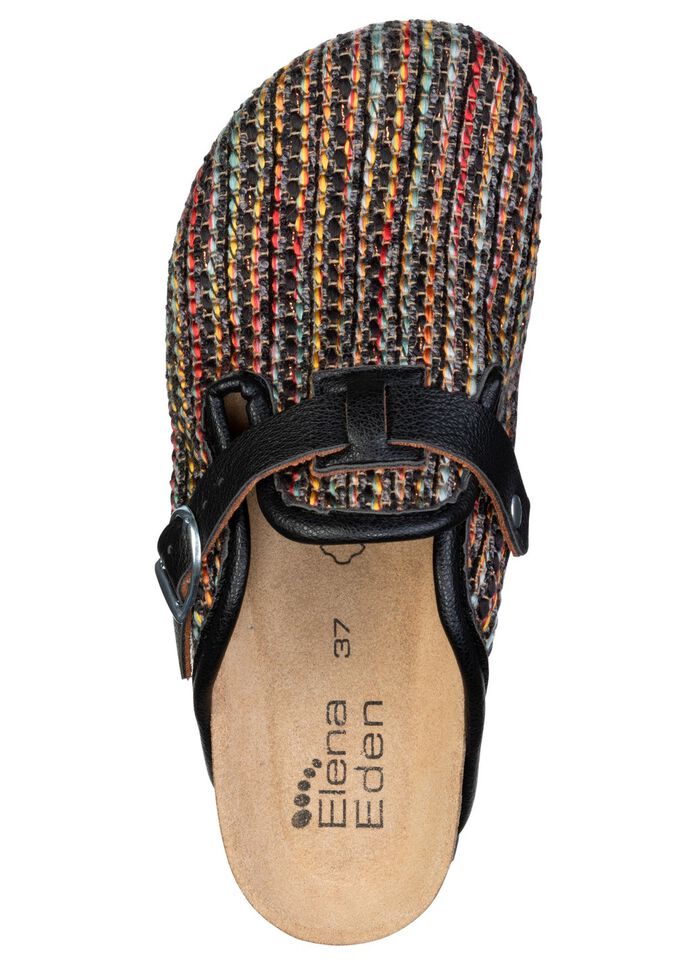 ELENA EDEN, klassische Damen-Clogs, Weite H, mit verstellbarer Spange SCHWARZ-MULTICOLOR