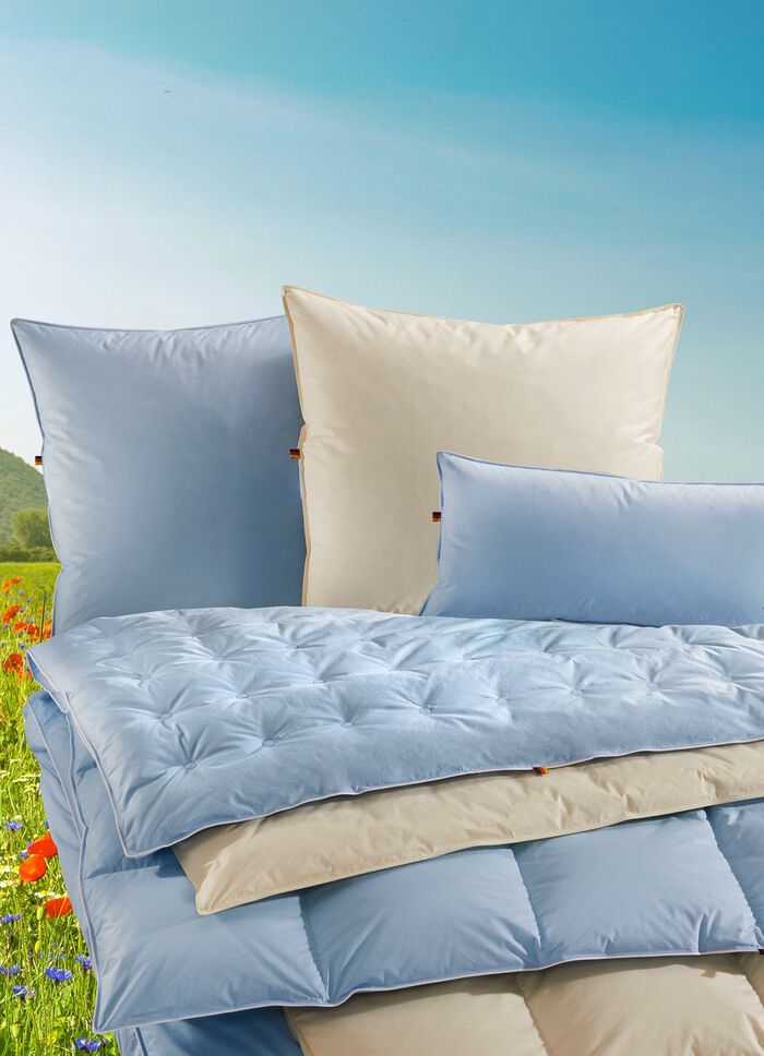 Erstklassige Daunenkissen-Sonderserie blau & creme aus dem Schwarzwald 