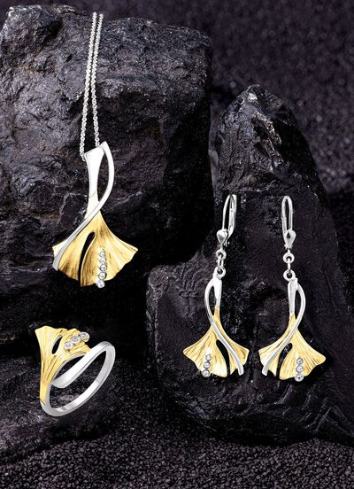 Ginkgoblatt-Anh&auml;nger in Bicolor mit synth. Zirkonia 